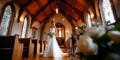 Bride in white gown inside chapel with stained glass windows photo