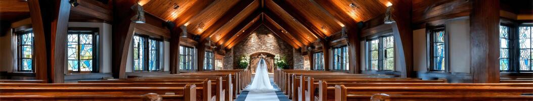 Bride walking down aisle in a beautiful wooden chapel with stone accents photo