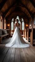 Bride stands gracefully in a rustic chapel awaiting her ceremony photo