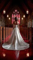 Bridal figure in an elegant white gown stands in an ornate chapel photo