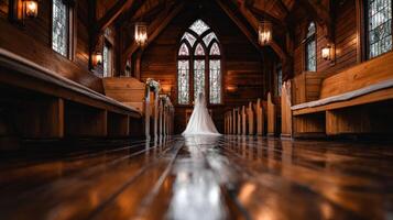Bride standing in a rustic chapel with wooden interior and stained glass photo