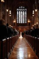 Couple exchanges vows in a beautiful Gothic cathedral during a wedding ceremony photo