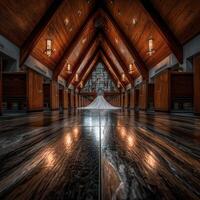 Elegant bridal gown on polished floor inside a wooden chapel at sunset photo
