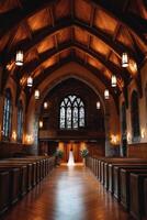 Elegant wedding ceremony inside a historic chapel with wooden architecture photo