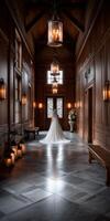 Elegant bride walking through a dimly lit wooden hallway at sunset photo
