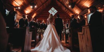 Elegant wedding ceremony inside a rustic chapel with wooden decor photo