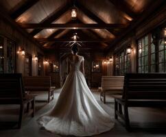 Bride in elegant gown stands in rustic venue illuminated by soft lights photo
