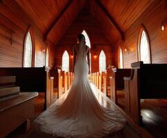 Elegant bride walking down the aisle in a wooden chapel during sunlight photo