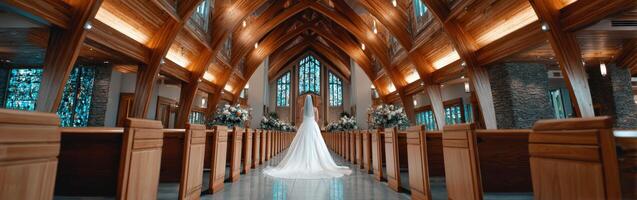 Bride in elegant gown walks down the aisle in a beautiful church photo