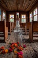 Bridal moment in a rustic chapel with colorful floral decor photo
