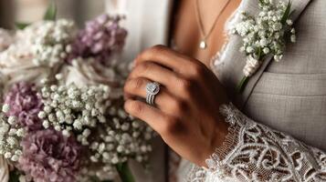 Elegant bridal hand with wedding rings and bouquet in soft lighting photo