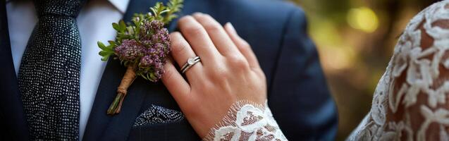 Wedding couple shares a tender moment in a natural setting photo