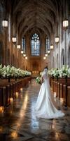 Bride walking down the aisle in a stunning church decorated with flowers photo