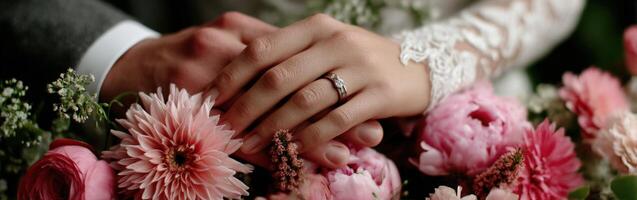 Couple's hands with wedding rings resting on a flower arrangement in spring photo