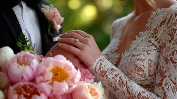Elegant wedding couple exchanging vows surrounded by blooming flowers and joy photo