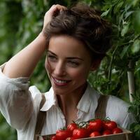Smiling woman holding fresh tomatoes in a greenhouse setting photo