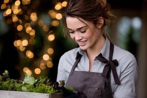 Smiling woman prepares fresh greens in a cozy, ambient setting photo