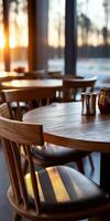 Cozy dining area with wooden tables and sunset view in the background photo
