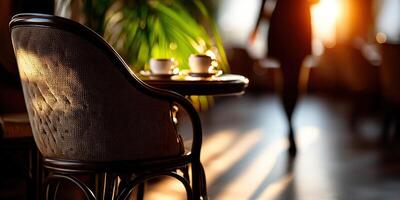 Cozy setting with morning coffee and soft sunlight in a warm cafe photo