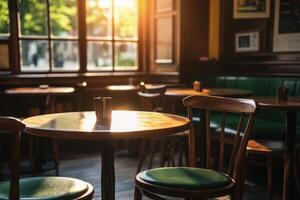 Cozy cafe interior with sunlight streaming through windows during afternoon photo