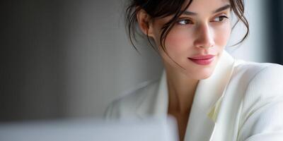 Young woman engaged in thoughtful reflection while working indoors photo