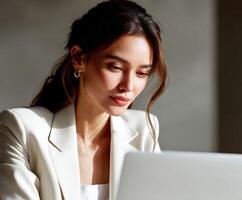 Young professional woman working on a laptop in a modern office setting photo