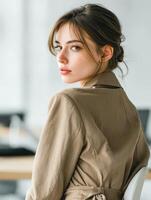 Young woman in a stylish outfit sitting at a desk in a modern workspace photo