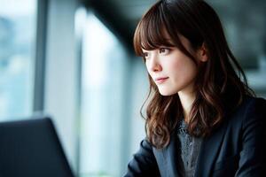 Professional woman working diligently at her desk in a modern office setting photo