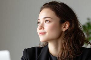 Young woman reflecting with a calm expression in a bright office setting photo