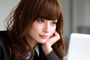 Woman with brown hair focused on a laptop in a bright office setting photo