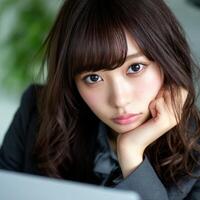 Professional woman with thoughtful expression in modern office setting photo