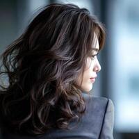 Woman with wavy hair looks thoughtfully out of a window in an office photo