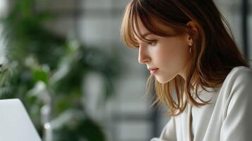 Young woman focused on work during quiet indoor setting in daytime photo