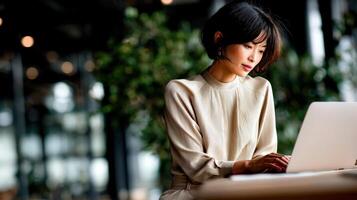 Young woman working on laptop in modern office space during daytime photo