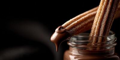 Churros dipped in rich chocolate sauce on a dark background photo