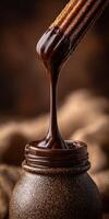 Churro dipped in rich chocolate sauce on a rustic table photo