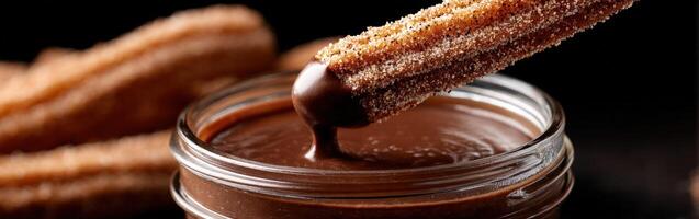 Churro being dipped in rich chocolate sauce in a gourmet setting photo