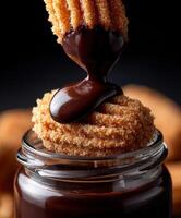 Delicious churro with chocolate dipping sauce in a glass jar photo