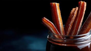 Churros served in a clear jar with chocolate dip on a dark background photo