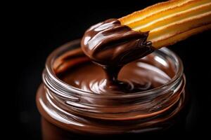 Churro dipped in rich chocolate sauce in a dark setting photo