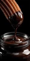 Delicious churro dipped in rich chocolate sauce against a dark background photo