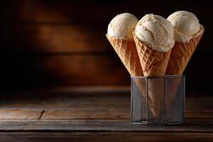 Delicious vanilla ice cream cones placed in a rustic holder on wooden table photo