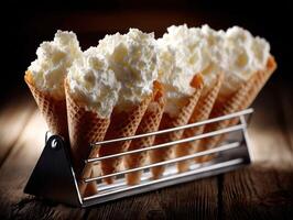 Creamy dessert cones displayed on a rustic wooden surface photo