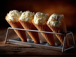 Delicious ice cream cones arranged in a metal holder on wooden table photo