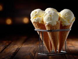 Enjoy delicious ice cream cones displayed on a rustic wooden table photo