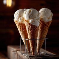 Enjoying three scoops of vanilla ice cream in waffle cones at a cozy setting photo