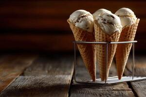 Creamy vanilla ice cream cones served in a rustic holder on a wooden table photo