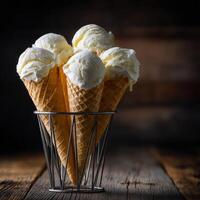 Creamy ice cream cones arranged beautifully in a basket on a wooden table photo