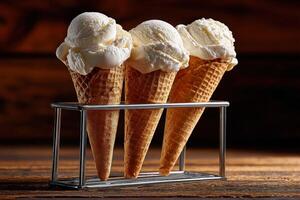 Ice cream cones displaying vanilla scoops on a wooden table photo