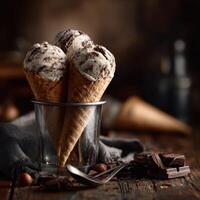 Delicious chocolate ice cream cones in a rustic setting with dark background photo